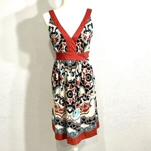 Trulli Sleeveless V-neck Dress, Size 12, Bold Print with Paprika Trim, Tie Back
